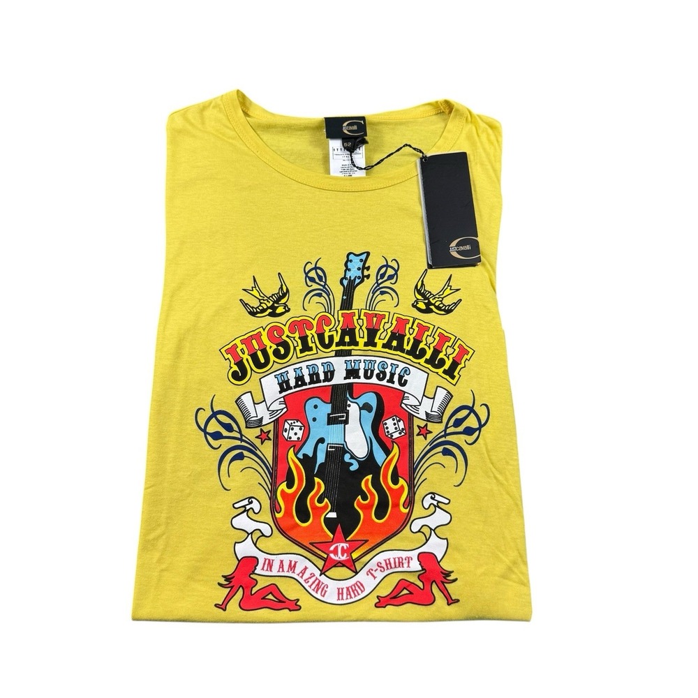 Just Cavalli Yellow Flames Guitar Hard Music Rock T Shirt 52 EU T03754 NEW